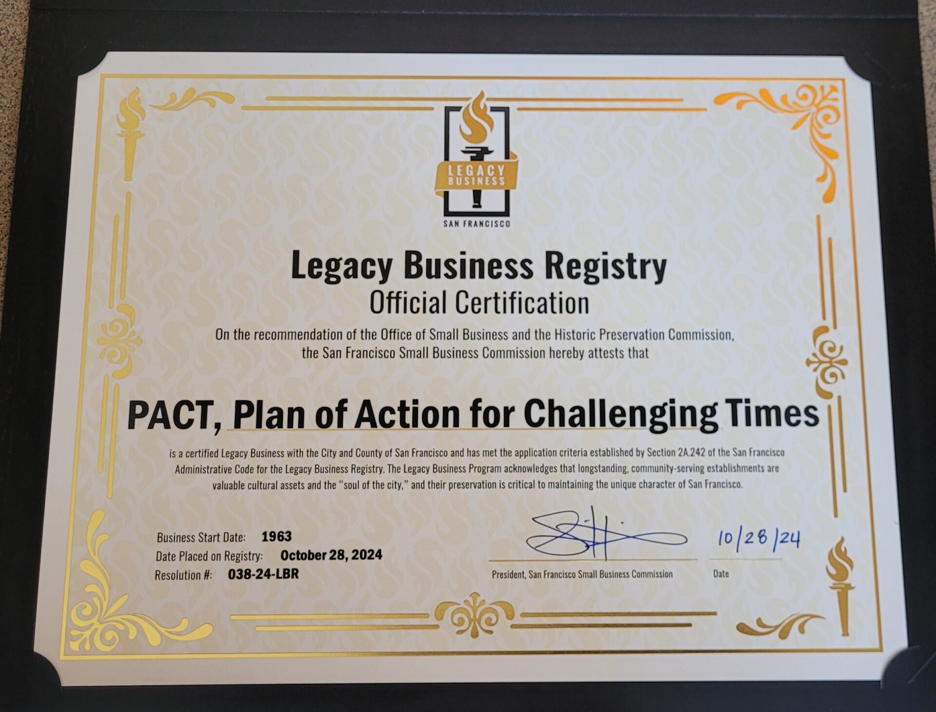 PACT Legacy Business Certificate