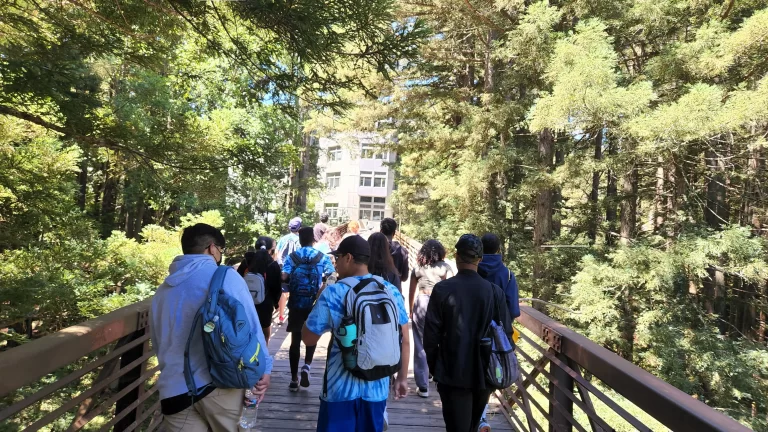 Students walking over wooden bridge to school